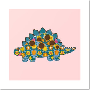 Vintage floral Stegosaurus Dinosaur on pink background Posters and Art